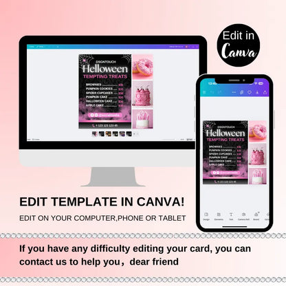 Image of Funny Halloween Cards template on computer and phone, customizable for cake shops and bakeries.
