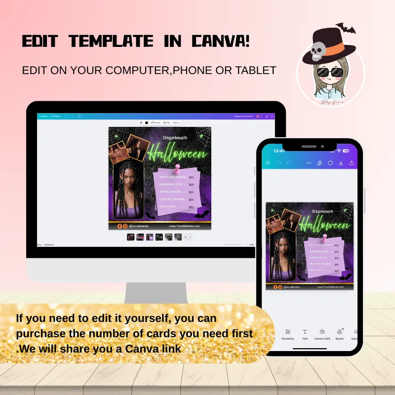 Halloween hair salon promo cards template shown on computer and phone screens with editing instructions in Canva.