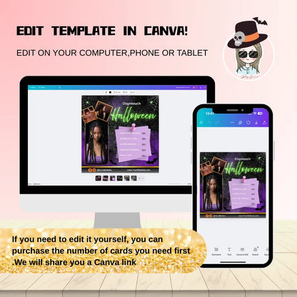 Halloween hair salon promo cards template shown on computer and phone screens with editing instructions in Canva.