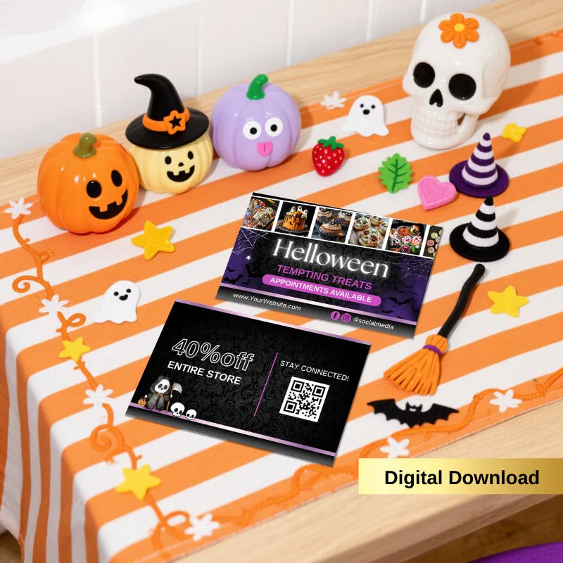 Editable Halloween Bakery Cards Digital Download for Canva displayed on a festive Halloween-themed table.
