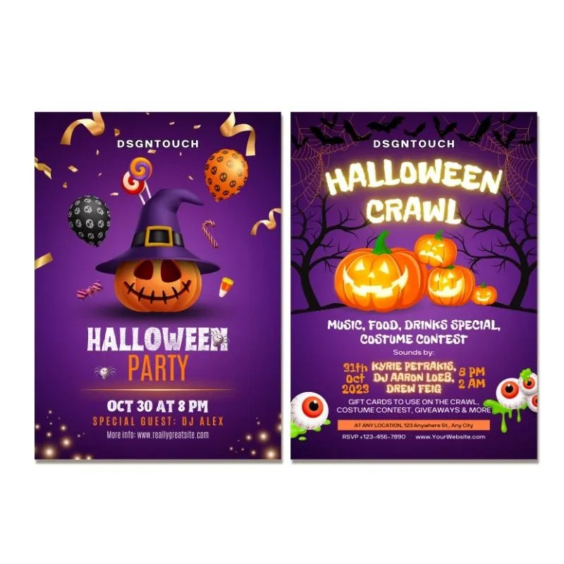 Purple pumpkin Halloween party flyer template: Event crawl design with music, food, and costume contest details