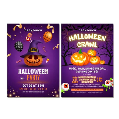 Purple pumpkin Halloween party flyer template: Event crawl design with music, food, and costume contest details
