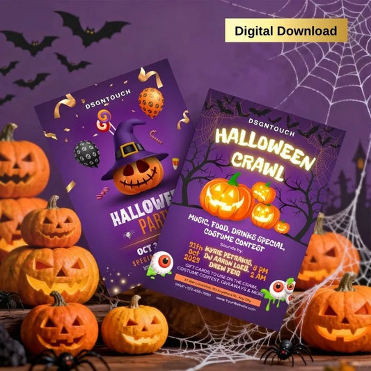 Purple pumpkin Halloween party flyer template (digital download): Spooky crawl event design with pumpkin, witch hat, and candy graphics