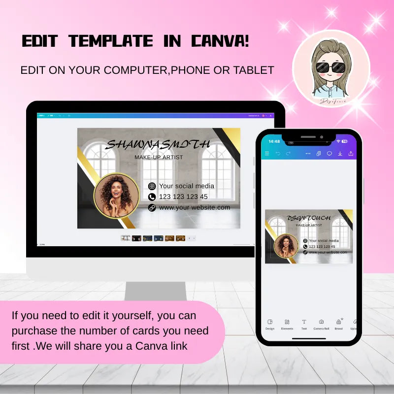 High-end glossy business cards editable template in Canva for makeup artists on computer and mobile.