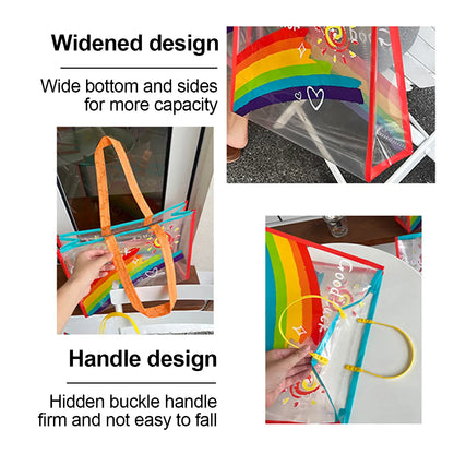 Collage of a rainbow-pattern clear tote bag: widened bottom/sides for extra capacity, and hidden buckle handle (firm, non-slip) design