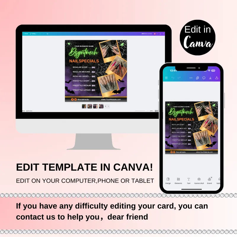 Preview of customizable Halloween e-cards for nail salons, editable on computer, phone, or tablet in Canva.