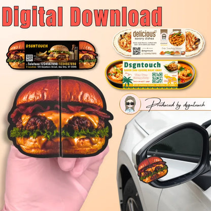 Restaurant business card template previews featuring burger, pasta and soup designs, with a folded burger card example.
