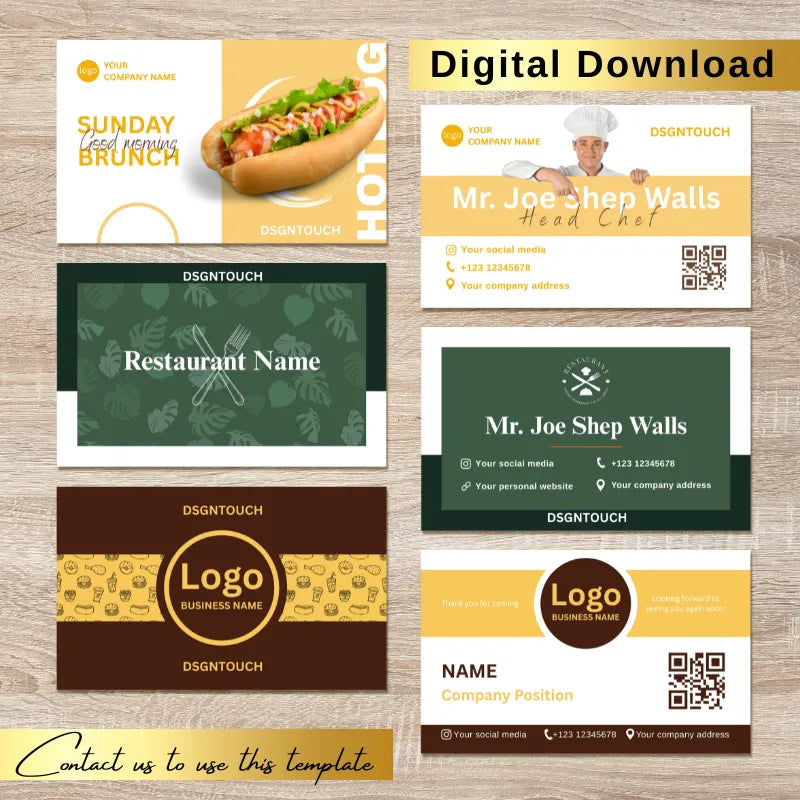 Multiple restaurant business card templates for cafes, chefs, and food businesses. Editable contact card designs available as a digital download