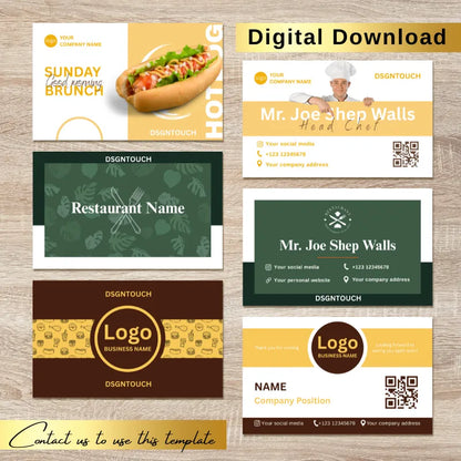 Multiple restaurant business card templates for cafes, chefs, and food businesses. Editable contact card designs available as a digital download