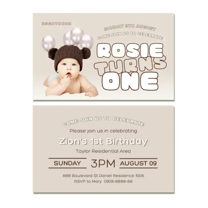 Custom printed 1st birthday card featuring baby in a cute hat and whimsical design details.