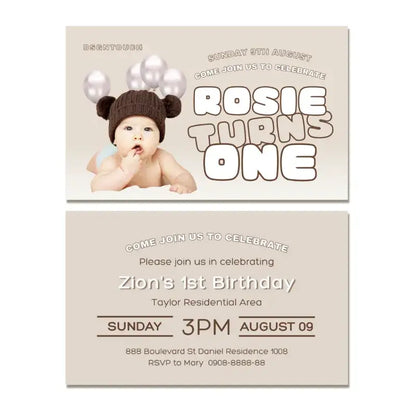 Custom printed 1st birthday card featuring baby in a cute hat and whimsical design details.