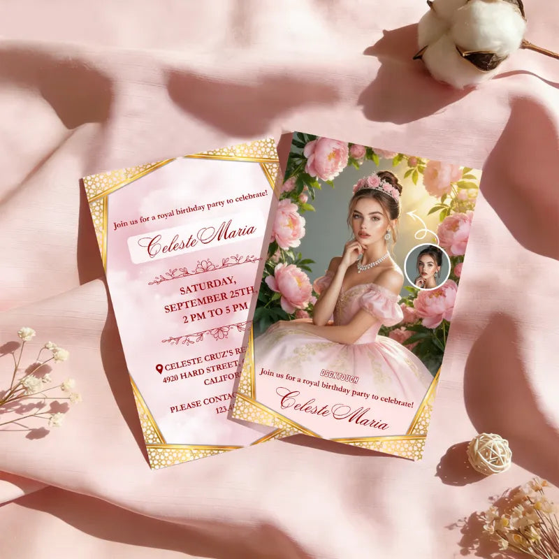 Royal princess pink birthday card design, editable Canva template, digital download, 10x15cm size, 300g paper available for printing, customizable face replacement