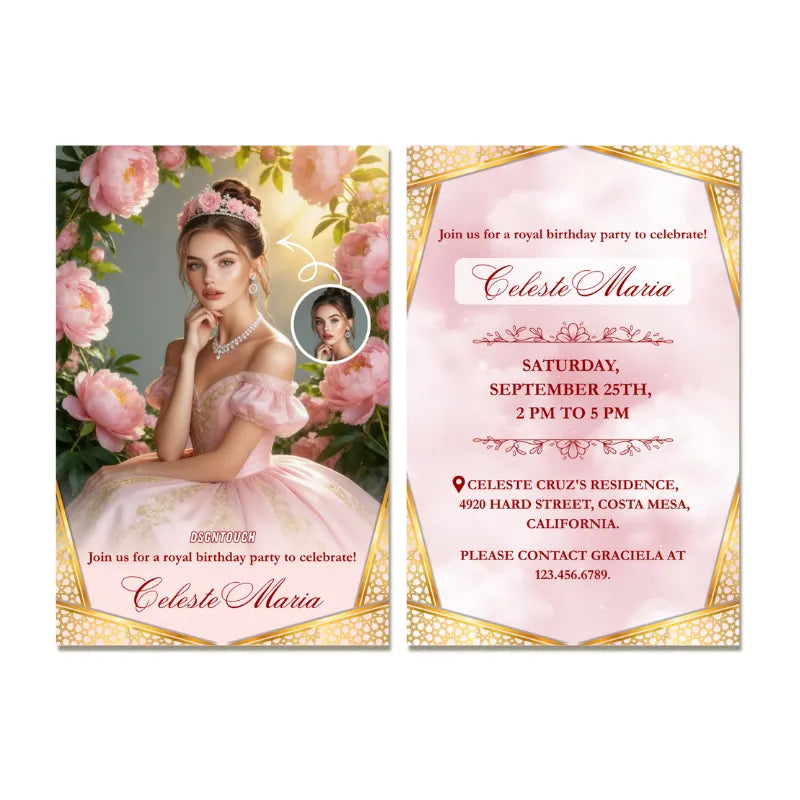 Royal princess themed pink birthday card invitation, 10x15cm size, 300g paper, free custom design template available, customizable face replacement feature