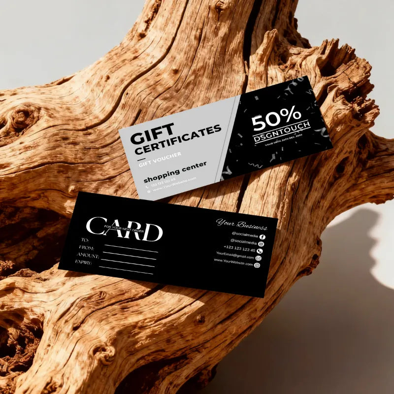 The salon gift card beautifully displayed on a reception counter in a modern hair salon.