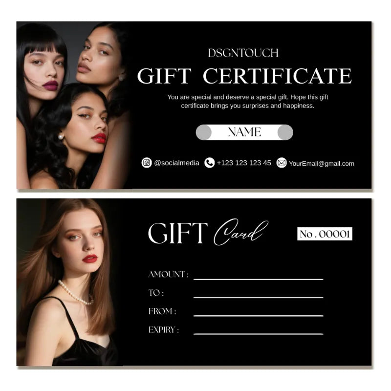 An elegant custom gift certificate placed inside a matching envelope, ready for gifting to a salon or spa client.