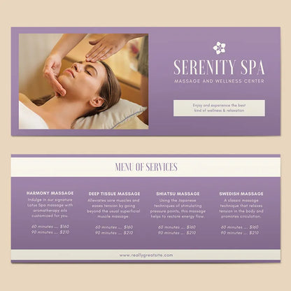 Serenity Spa service menu template (purple & cream design): includes a wellness center intro + massage service listings (60/90-minute pricing) and website details.