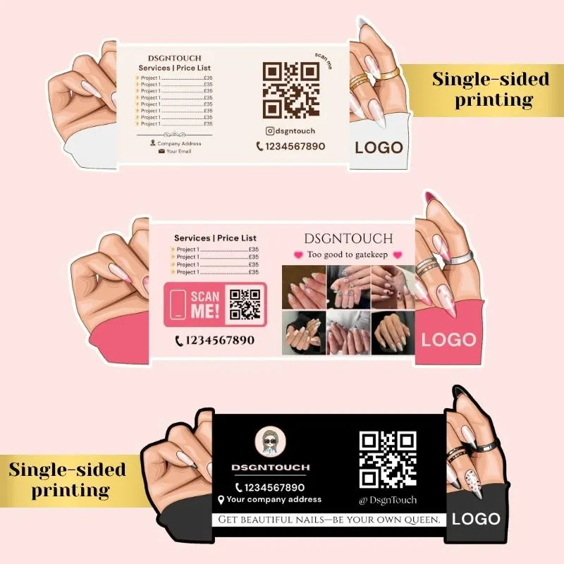 Nail business card design featuring services, price list, QR code, and logo, ideal for beauty professionals.