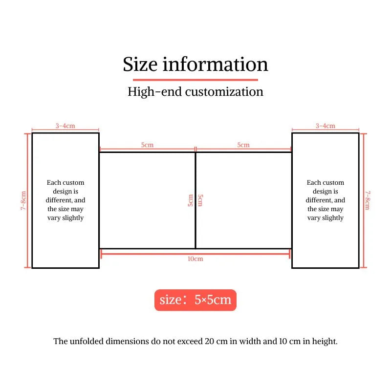 Size information for nail business card customization, showing dimensions of 5cm x 5cm and folds.