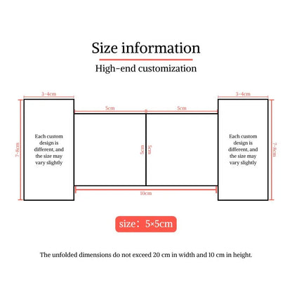 Size information for nail business card customization, showing dimensions of 5cm x 5cm and folds.