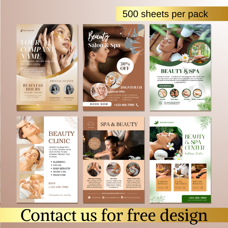 Beauty salon flyer designs showcasing various styles and offers for promotional purposes.