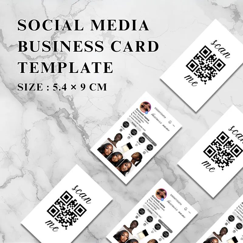 Social Media Card Design featuring marble background in Canva template format, showing QR codes and contact info.