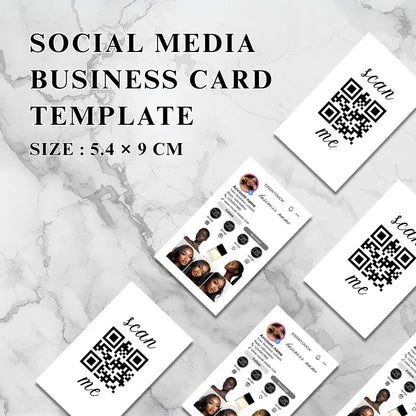Social Media Card Design featuring marble background in Canva template format, showing QR codes and contact info.