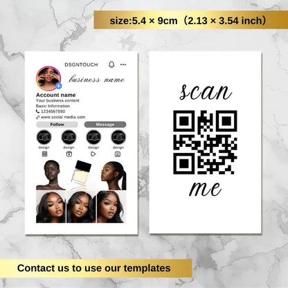 Marble Social Media Cards showcasing modern design with a QR code and contact details, printed on premium 300gsm cardstock.