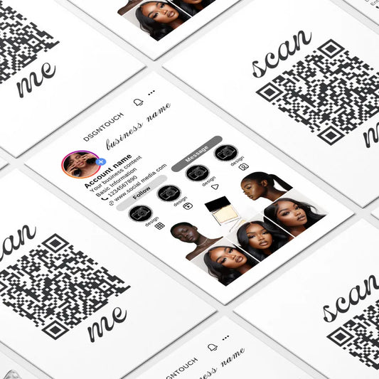 Social Media Card Design featuring elegant marble texture and QR codes for business engagement.