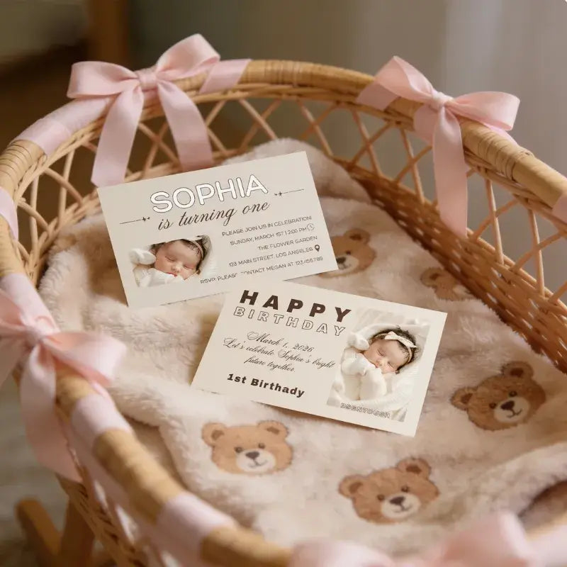 Custom printed 1st birthday card designs featuring elegant beige theme in a baby bassinet.