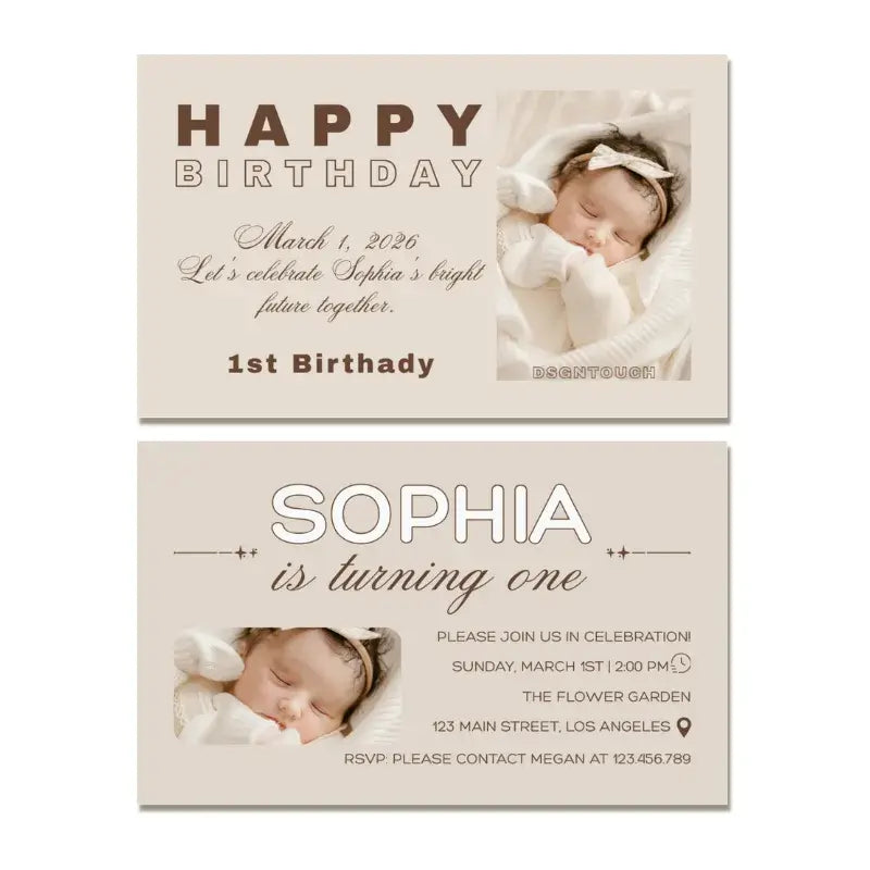 Custom printed 1st birthday card with baby's photo, date, and RSVP details.