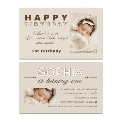 Custom printed 1st birthday card with baby's photo, date, and RSVP details.