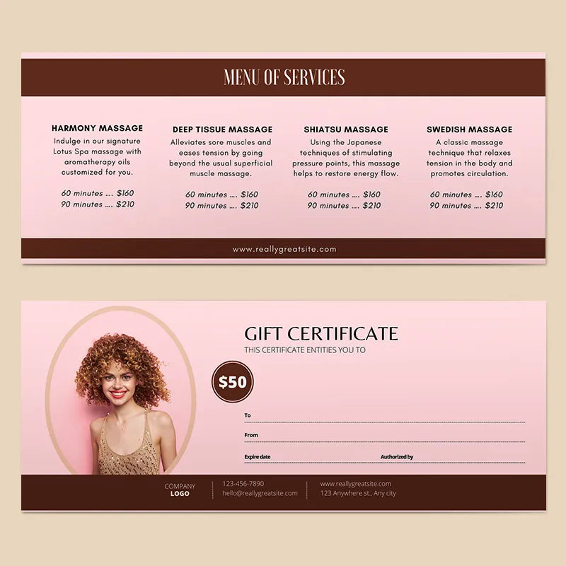 Spa template set (pink & brown design): includes a massage service menu (with 60/90-minute pricing) + a $50 gift certificate, with business contact details.