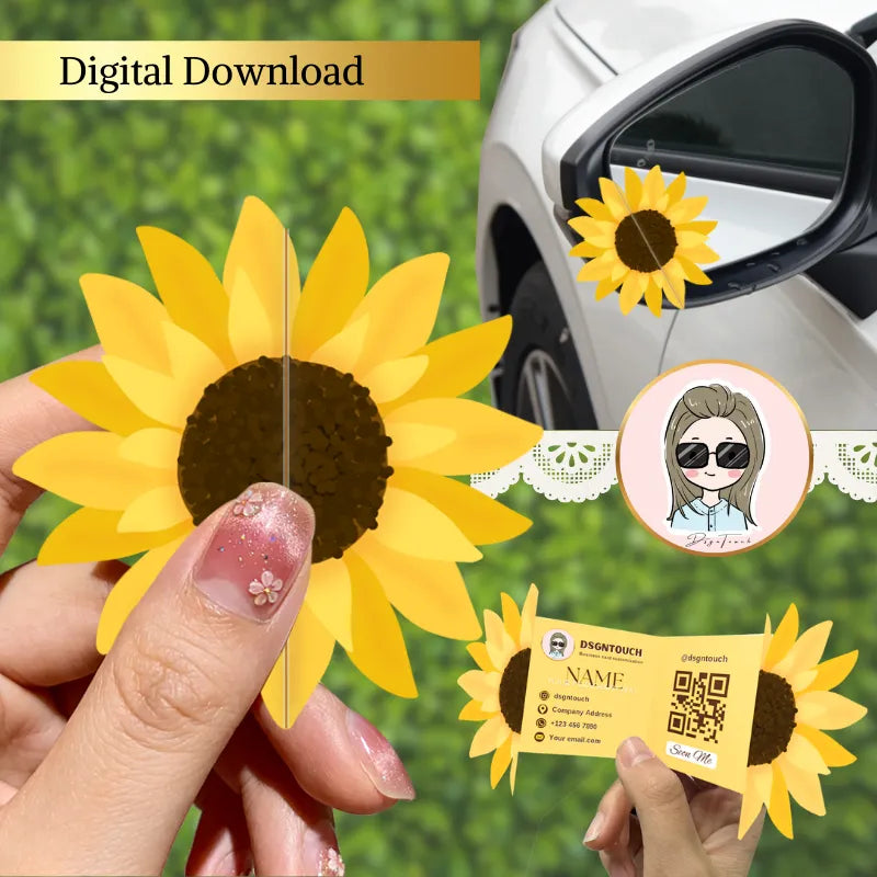 Flower Shaped Business Cards featuring a vibrant sunflower design, perfect for creative branding, by DSGNTOUCH.