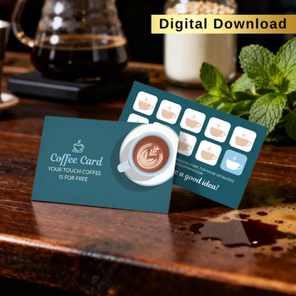 Teal coffee loyalty card in cafe setting (digital download): Reward card with latte art graphic and 'Buy 9 get 1 free' stamp spots for coffee businesses