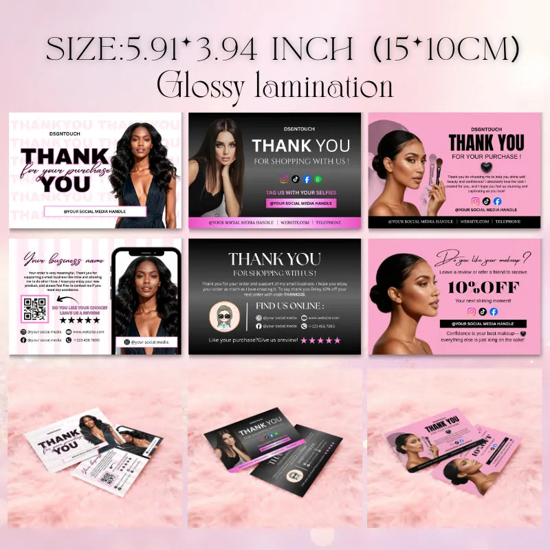 Thank you business cards collection showcasing premium glossy lamination and stylish design for professional appreciation.