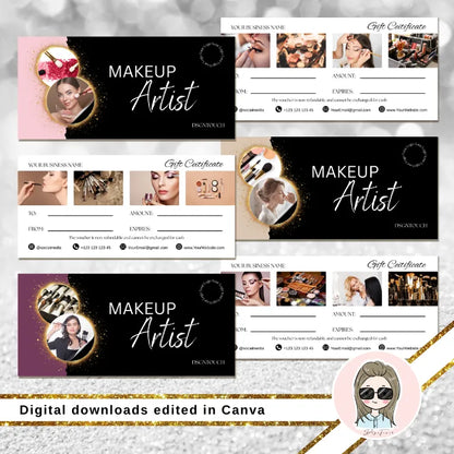 Set of 3 makeup artist gift certificate templates. Digital download gift certificate ideas for Canva.