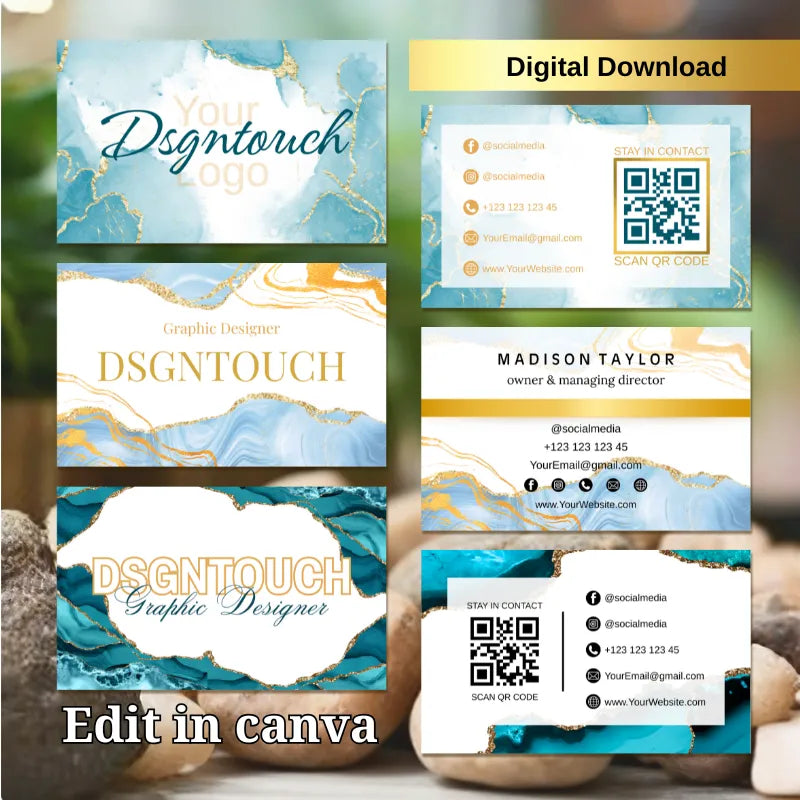 Collection of three marble texture business card templates in light blue, blue-gold, and teal color schemes, with QR code and contact info sections, editable in Canva, digital download product.