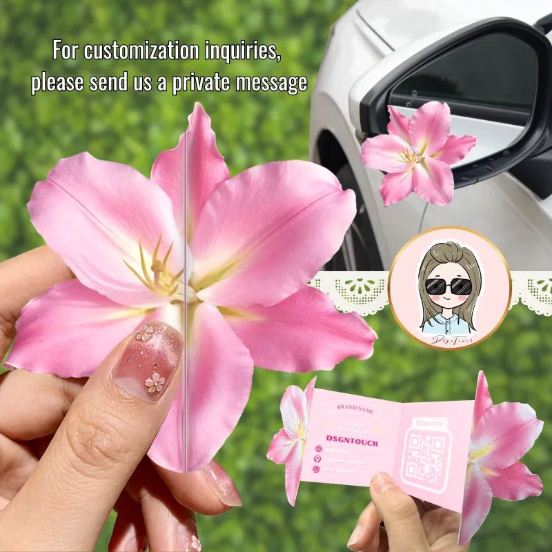 Custom flower shape die cut flyers showcasing vibrant pink flowers, ideal for promoting unique marketing efforts by DSGNTOUCH.