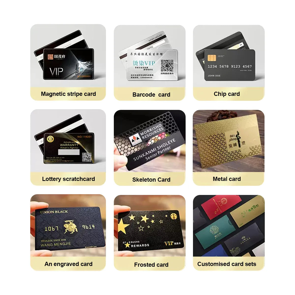 Range of custom plastic card types: magnetic stripe, barcode, chip, lottery scratchcard, metal, engraved, frosted, and custom card sets.