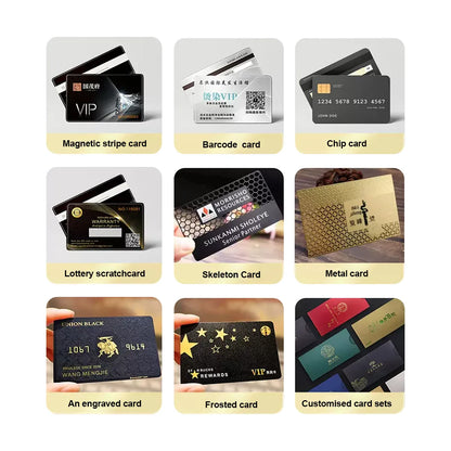 Range of custom plastic card types: magnetic stripe, barcode, chip, lottery scratchcard, metal, engraved, frosted, and custom card sets.