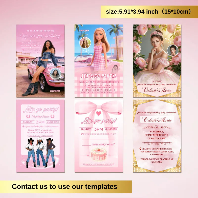 Variety of pink birthday card invitations (Barbie, cowgirl, royal themes), 10x15cm size, 300g paper, free design templates available