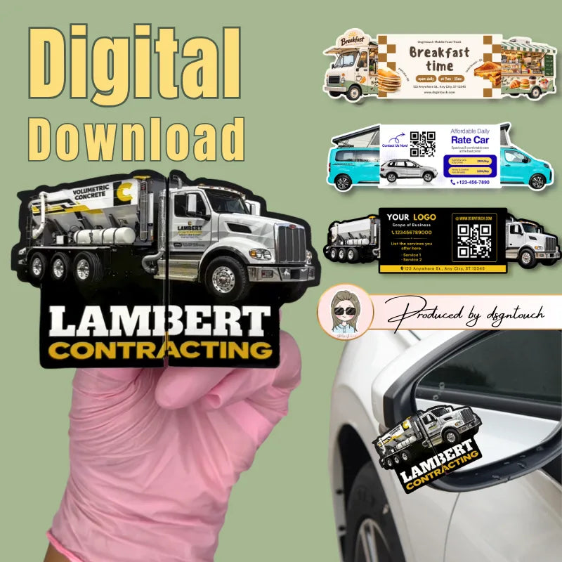 Vehicle business card template previews featuring a concrete truck, food truck and campervan, with a folded truck-shaped card example