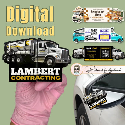 Vehicle business card template previews featuring a concrete truck, food truck and campervan, with a folded truck-shaped card example