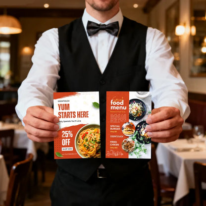 Waiter holding restaurant menu flyer template: 25% off food promotion design with spaghetti & burger listings
