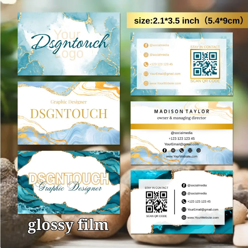 Watercolor business card design with gold and blue accents, featuring contact details and glossy finish.