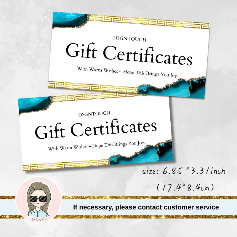 Watercolor gift card size guide: DSGNTOUCH gift certificates in 6.85x3.31 inch (17.4x8.4cm) dimension (two size options).