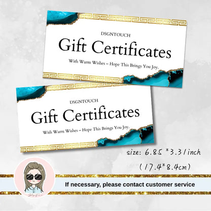 Watercolor gift card size guide: DSGNTOUCH gift certificates in 6.85x3.31 inch (17.4x8.4cm) dimension (two size options).