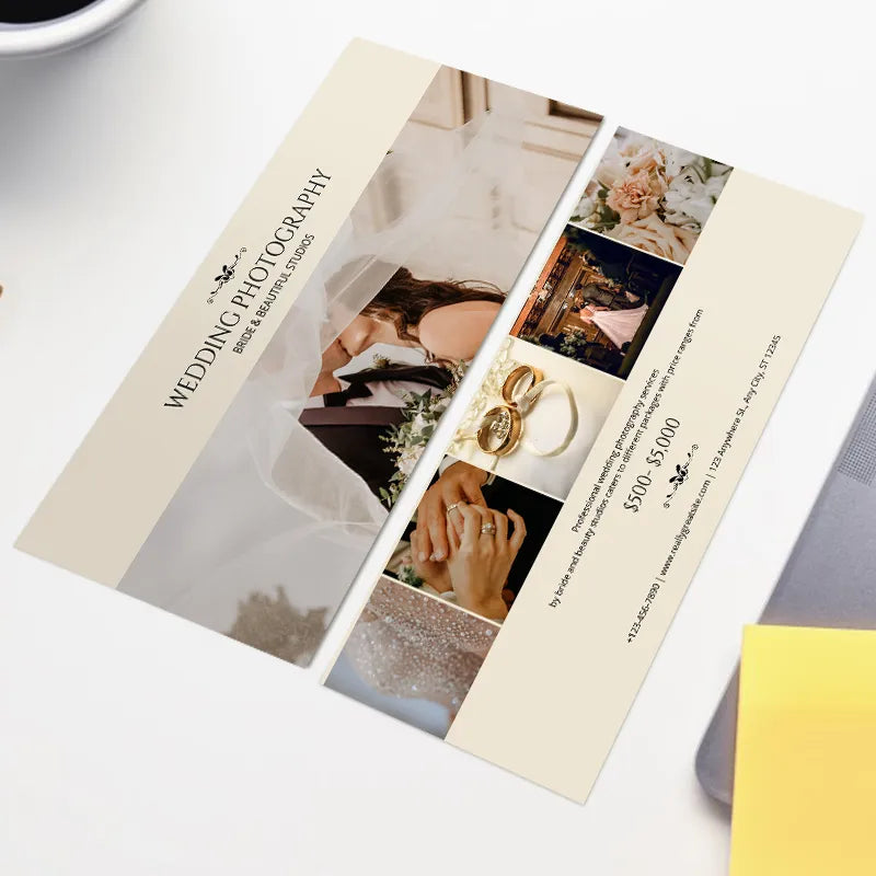 Wedding photography service voucher template (cream & neutral design): lists a $5000 package for professional wedding photography, with contact details for a bridal studio.