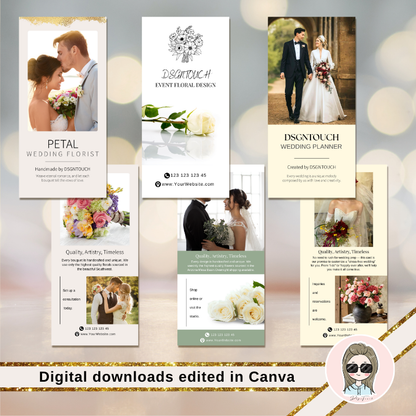 A preview of the modern wedding postcards template by DSGNTOUCH, showing the clean design on a mockup, ready to edit in Canva