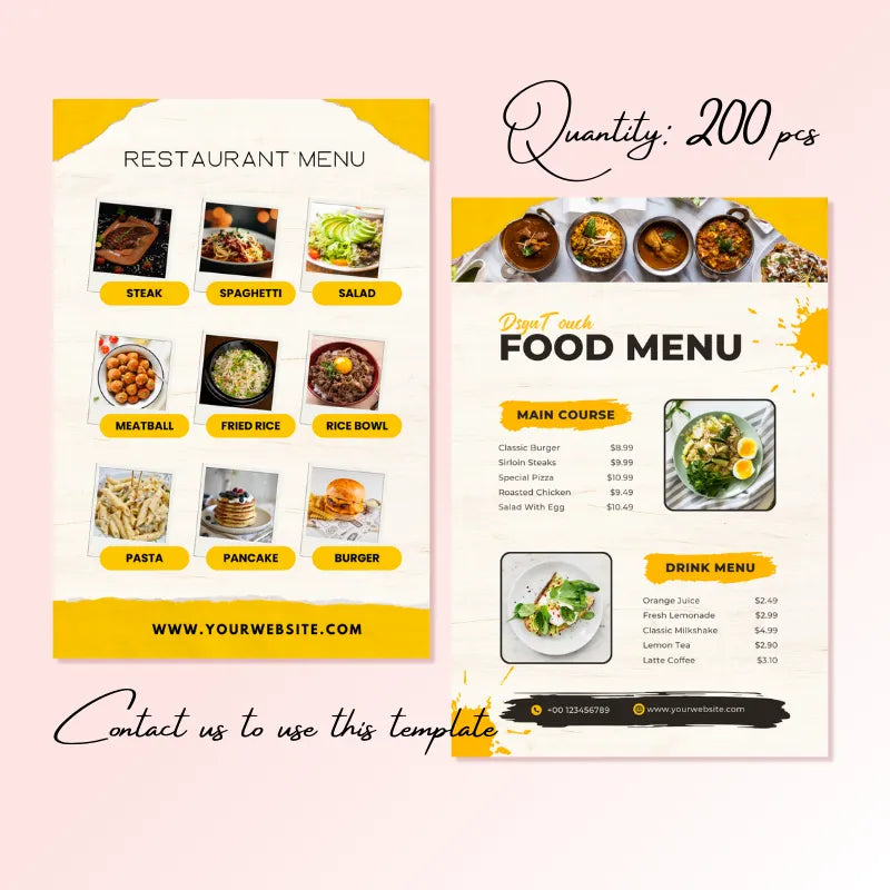 200-piece restaurant menu template with yellow splash design: splits into food/drink sections (e.g., Classic Burger, Orange Juice) and includes contact info.